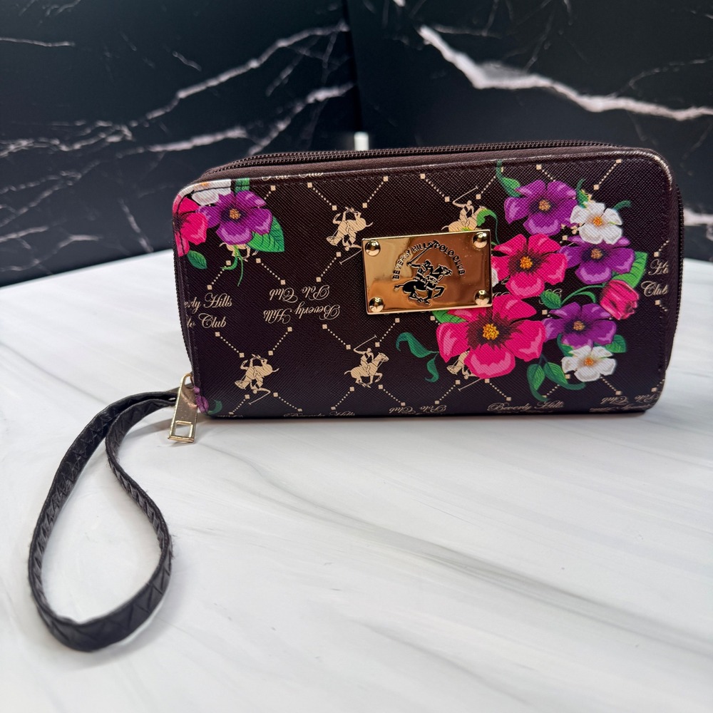 Beverly Hills Polo Club Floral Double Zip Wristlet Wallet Brown Multi BHPC